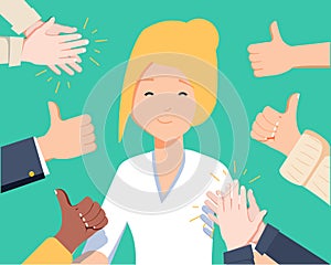 Happy woman portrait with thumbs up and human hands clapping isolated on background. Thumbs up flat hands for network