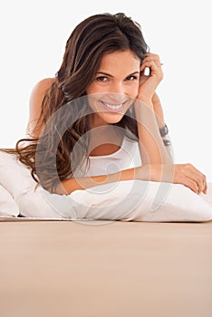 Happy, woman and portrait to wake up in bed, rest and calm on morning in home. Female person, pillow and touch or ready