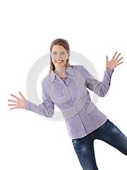 Happy woman posing with arms wide open