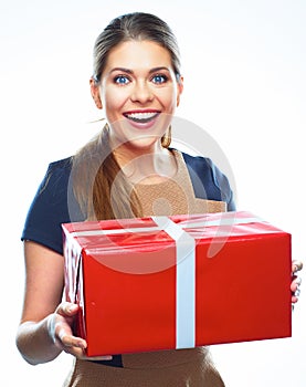 Happy woman present gift box.