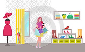 Happy Woman with Purchases in Bright Clothes Store