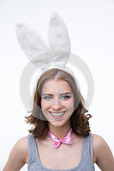 Happy woman with rabbit ears