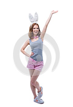 Happy woman with raised hand up