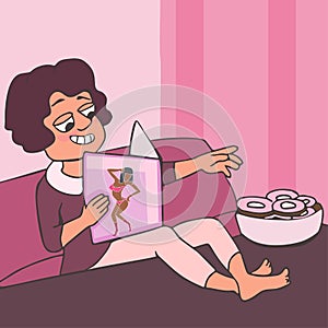 Happy woman reading glossy magazine while eating cookies cartoon