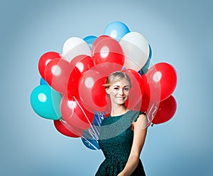 Happy Woman with red Balloons, Holiday Background
