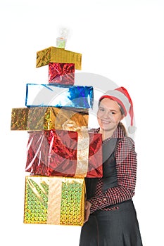 Happy woman in red cap with gifts