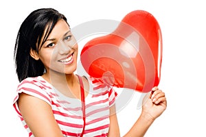 Happy woman red heart shaped balloon romance