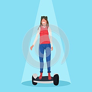 Happy woman riding electric scooter girl standing on modern personal transport concept female cartoon character flat