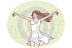 Happy woman runs through park in white flowing dress and enjoys warm summer weather. Vector image