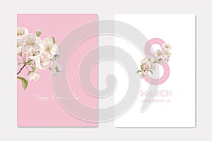 Happy Woman`s Day 8 March Greeting Cards Set with Cherry Branch and Eight Number. White Sakura Flowers Decorative