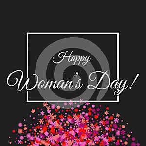 Happy Woman's Day! Dark cover card with words in a frame and pink flowers background.