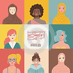 Happy Woman's international day greeting card. 8th march baner. IWD. Women with different skin color and ethnic