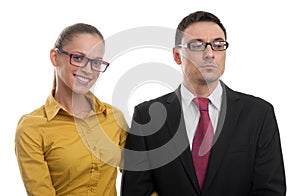 Happy woman and serious businessman