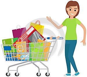 Happy woman with shopping cart. Female character enjoying purchases, goods, gift packages in trolley