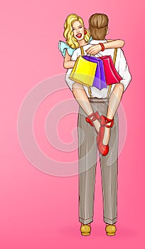 Happy woman shopping pop art vector concept