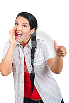 Happy woman shouting and give thumbs