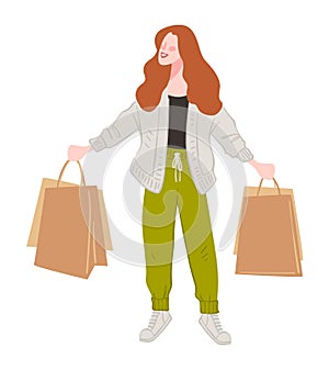 Happy woman showing bought products in shop vector