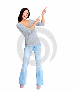 Happy woman showing a copyspace.