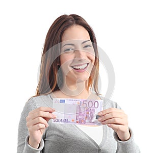 Happy woman showing a five hundred euros banknote