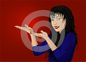 Happy woman showing a gesture with two hands at empty copy space