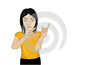 Happy woman showing a gesture with two hands at empty copy space
