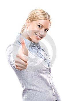 Happy woman showing thumbs up