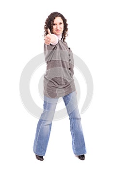 Happy woman showing thumbs up