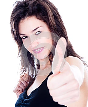 Happy woman showing thumbs up