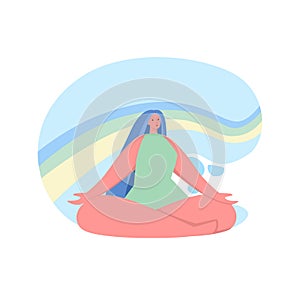 Happy woman sits in lotus pose and open her arms to the rainbow. Smiled girl creates good vibe around her. Smiling