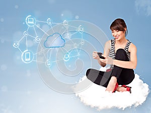 Happy woman sitting on cloud with cloud computing