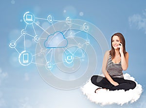 Happy woman sitting on cloud with cloud computing