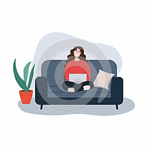 Happy woman sitting on sofa with laptop. Flat style modern vector illustration.