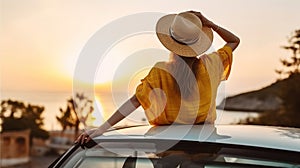Happy Woman Sitting on Yellow Car Roof at Sunset. Female Traveler Wearing Hat Relaxing during Road Trip, Generative AI