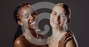 Happy, woman and skincare with natural cosmetics for shine or glow from organic products in studio. Female models or