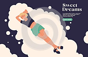 Happy woman sleeping on soft cloud. Girl lying, relaxing in sky, heaven, asleep. Healthy dream, rest