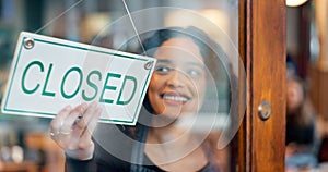 Happy woman, small business or closed sign on window in coffee shop or restaurant for end of service. Closing time
