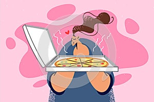 Happy woman smell tasty pizza in box