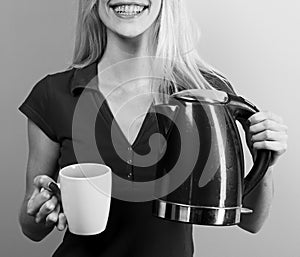 Happy woman smiling on an abstract background with blurred lights. Beautiful smile for woman`s face.