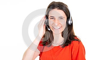Happy woman smiling cheerful support phone operator call center portrait in headset