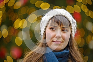 Happy woman smiling and Christmas tree behind