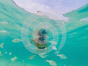 Happy woman in snorkeling mask dive underwater with tropical fishes in coral reef sea pool. Travel lifestyle, water