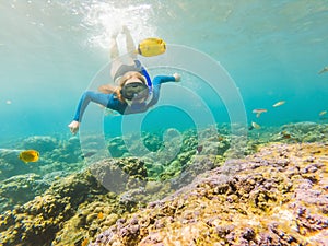 Happy woman in snorkeling mask dive underwater with tropical fishes in coral reef sea pool. Travel lifestyle, water