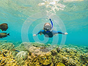 Happy woman in snorkeling mask dive underwater with tropical fishes in coral reef sea pool. Travel lifestyle, water