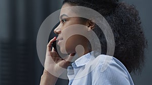 Happy woman speaking cellphone outdoor closeup. Content manager on job interview