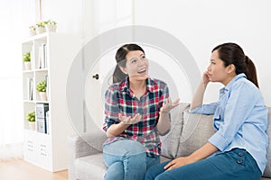 Happy woman speaking funny story cheerfully