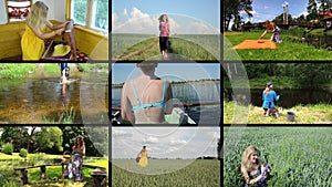 Happy woman spend holiday in nature. Active leisure. Collage