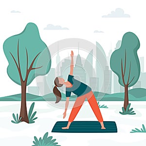 Happy woman in sportswear on outdoor yoga class in city park. Outdoor activity. Urban recreation concept, sport vector