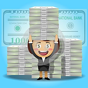 Happy woman and stack of big dollar banknotes