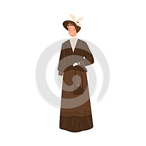 Happy woman standing in daily apparel of 1900s style vector flat illustration. Trendy smiling female wearing retro dress photo