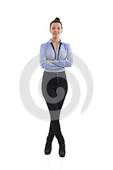 Happy woman standing arms crossed